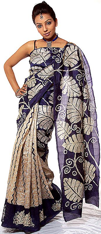 Printed Sari from Kolkata with Threadwork and Sequins
