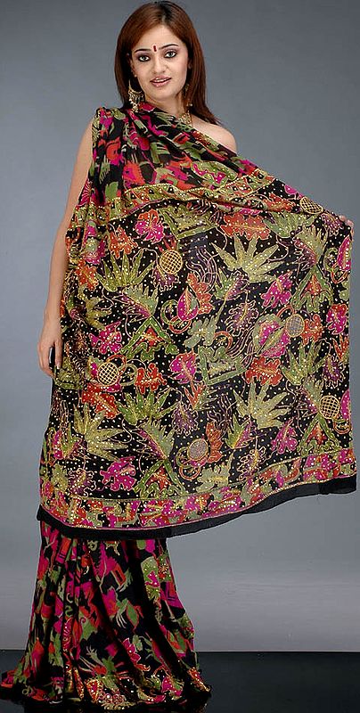 Printed Sari with Golden Sequins