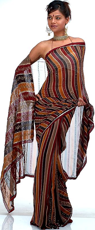 Printed Sari with Threadwork and Sequins