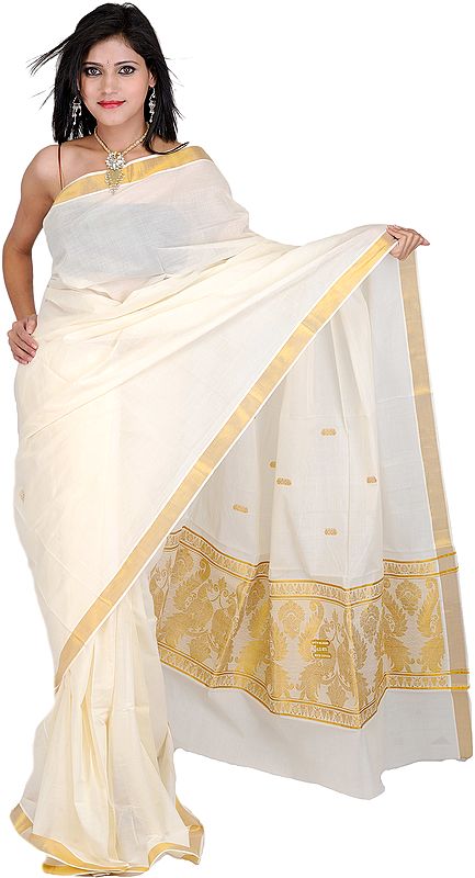 Pristine Kasavu Sari from Kerala with Peacocks woven in Golden Thread on Anchal
