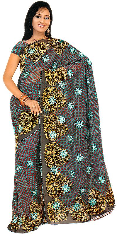 Prune Sari with with Printed Polka Dots All-Over and Aari Embroidered Flowers