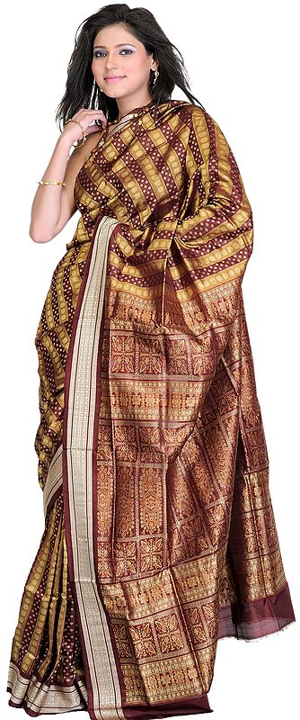Puce Bomkai Sari with Dense Weave on Anchal and All-Over Bootis