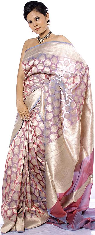 Puce Jamawar Sari from Banaras with Woven Leaves All-Over