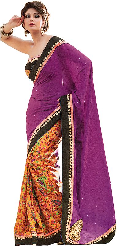 Purple and Amber Designer Sari with Patch-work and Kani Print