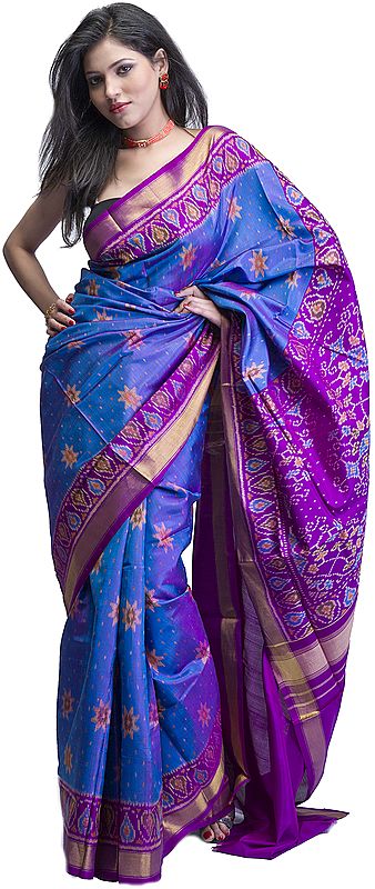 Purple and Blue Patan Patola Handloom Sari from Gujarat with Ikat Weave