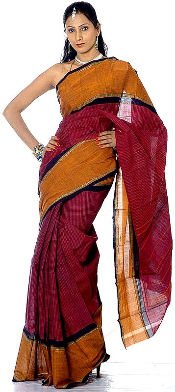 Purple and Brown Kanji Cotton Sari with Checks