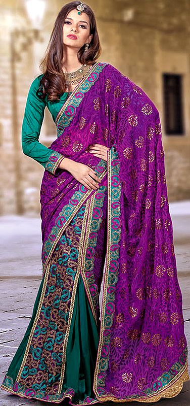 Purple and Green Lehenga-Style Sari with Painted Paisleys and Patch Border