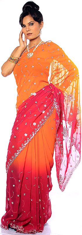 Purple and Orange Mumtaz Sari with Beads and Threadwork