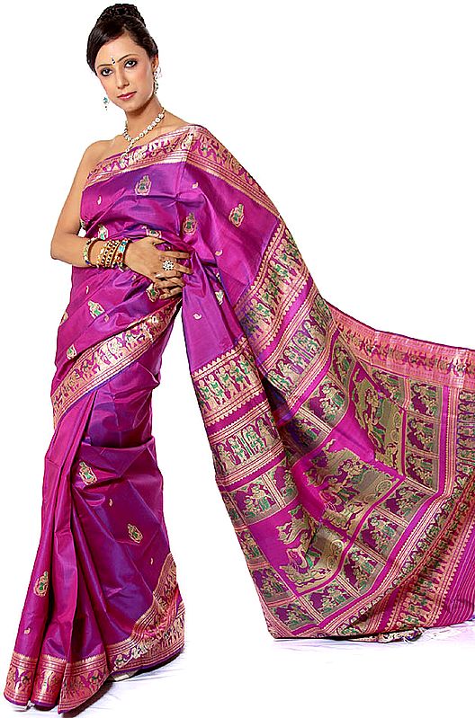 Purple Baluchari Sari with Episodes from the Mahabharata