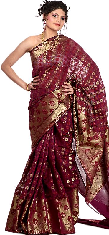 Purple Banarasi Sari with All-Over Woven Flowers and Brocaded Aanchal