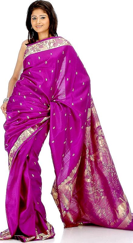 Superfine Purple Bangalore Silk Sari with Radha Krishna on Pallu and Floral Border