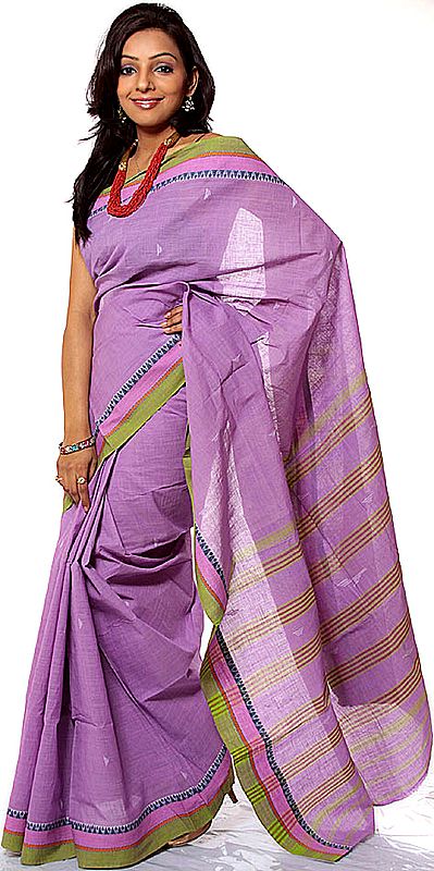 Purple Bengali Hand-woven Sari with Green Border
