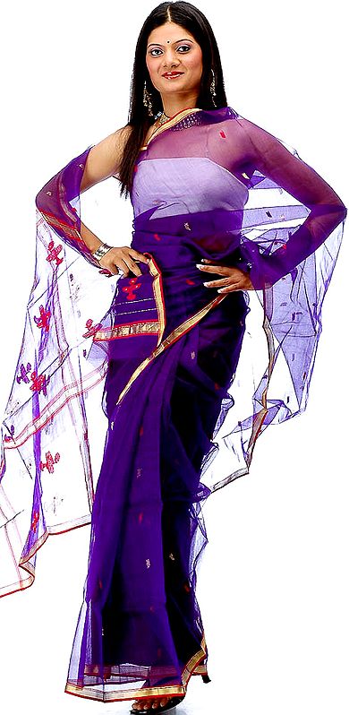 Purple Chanderi Sari with Floral Bootis on Anchal