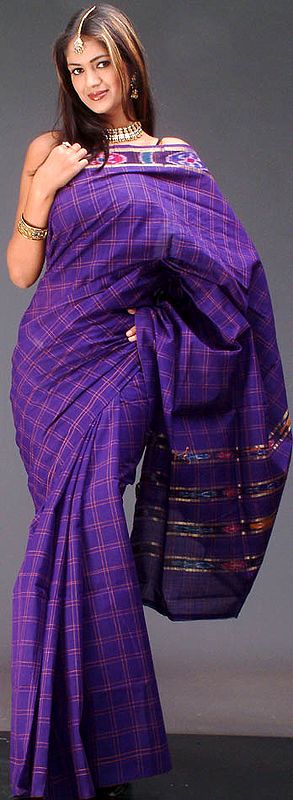 Purple Cotton Sari with Checks and Ikat Border