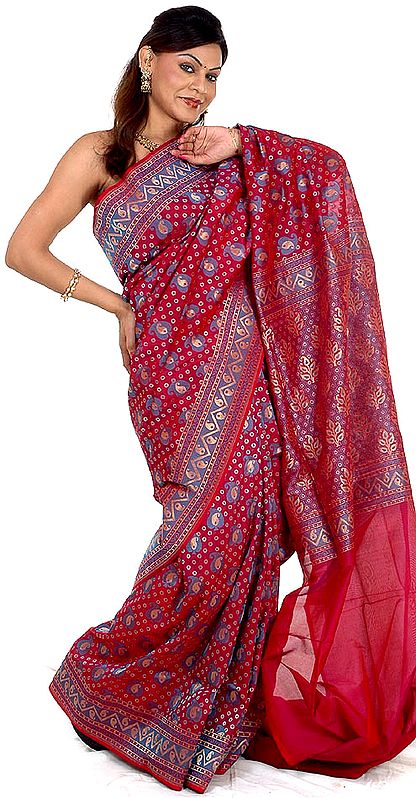 Purple Designer Jamdani Sari from Banaras with All-Over Paisleys and Bootis