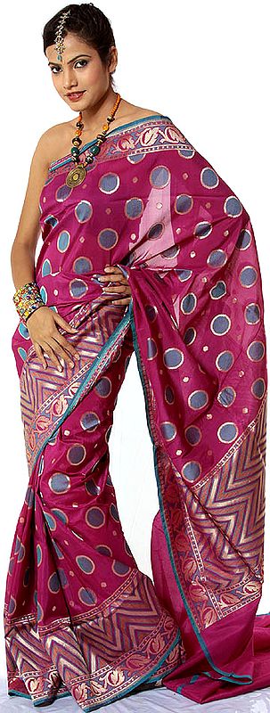 Purple Designer Sari from Banaras with Woven Bubbles All-Over