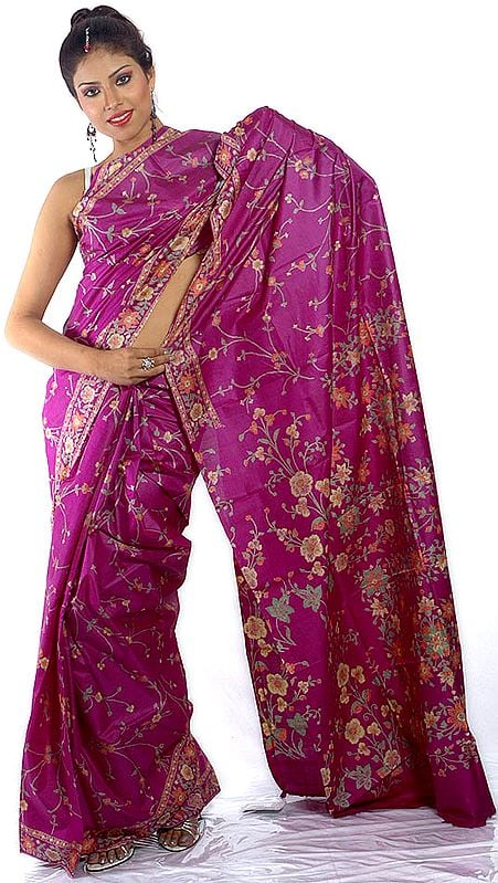 Purple Floral-Printed Sari from Kolkata