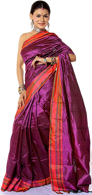 Purple Hand-woven Puja Sari from Bengal with Pin Stripes and Salmon Border