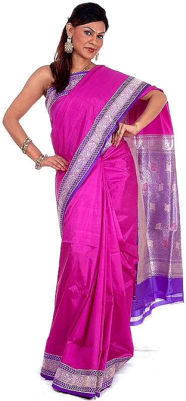 Purple Hand-woven Valkalam Sari from Banaras with Brocaded Anchal and Border