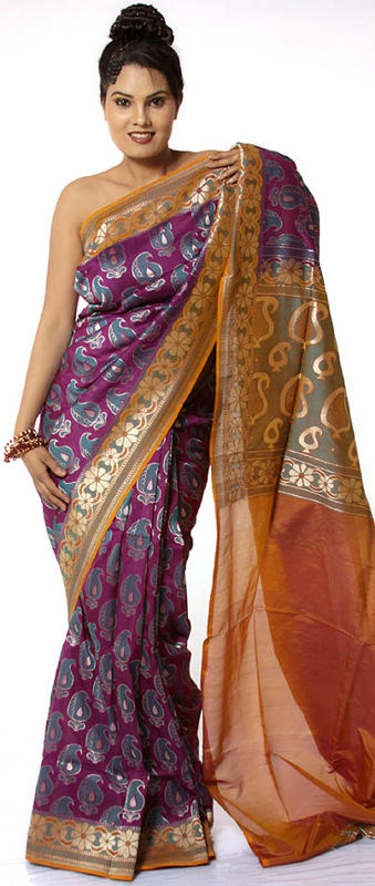 Purple Jamawar Sari from Banaras with Woven Paisleys All-Over