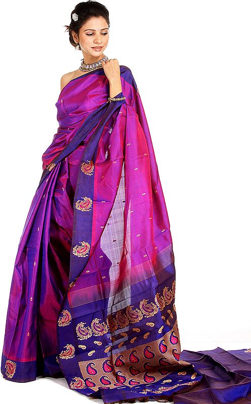 Purple Kanjivaram Sari with Woven Paisleys on Anchal and Border
