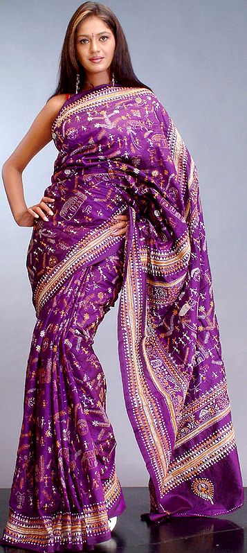 Purple Kantha Stitch Sari