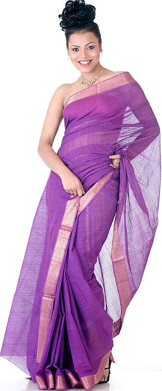 Purple Light Maheshwari Sari with Golden Weave on Border