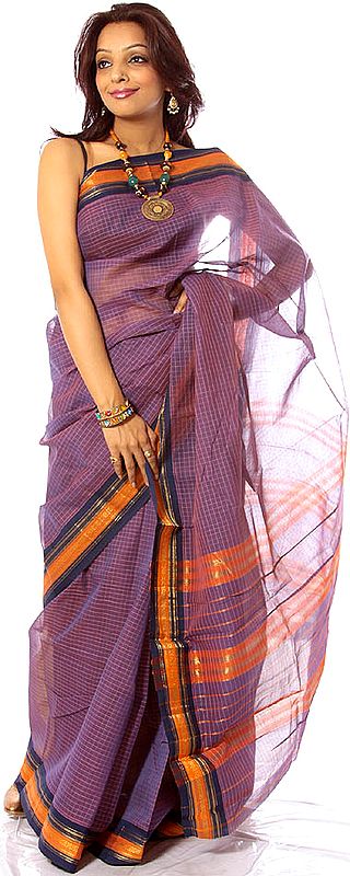 Purple Narayanpet Sari with Fine Checks