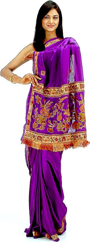 Purple Sari with Beads and Threadwork