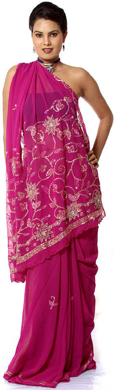 Purple Sari with Embroidered Sequins and Beadwork