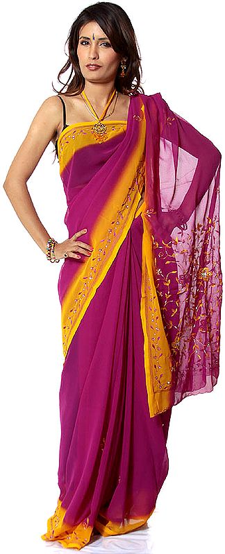 Purple Sari with Parsi Embroidered Flowers