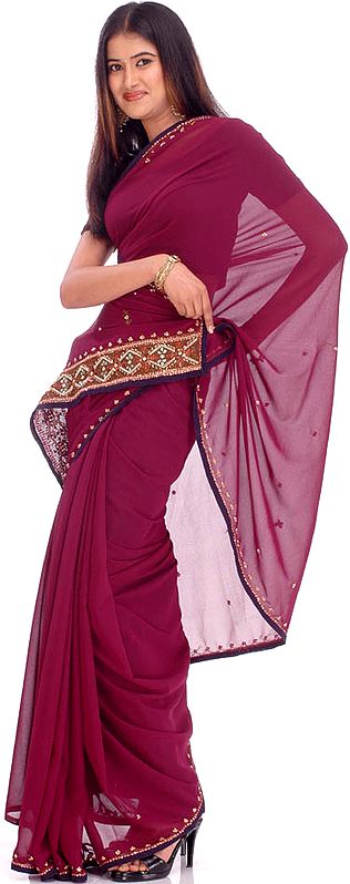 Purple Sari with Sequins and Thread Work