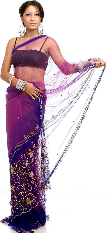 Purple See-Through Sari with Beads and Sequins