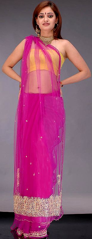 Purple See-Through Sari with Sequins and Threadwork