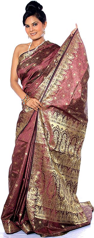 Purple Tanchoi Sari from Banaras with Golden Thread Weave and Bootis