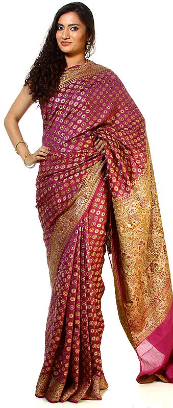 Purple-Passion Banarasi Sari with Woven Ovals All-Over and Brocaded Aanchal