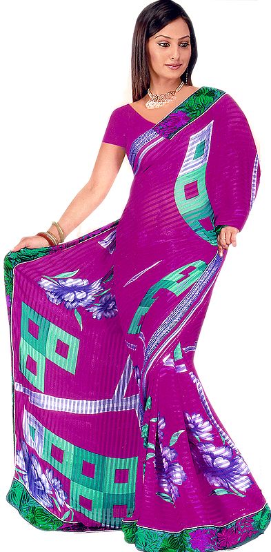 Purple-Passion Sari with Large Printed Flowers and Patch Border