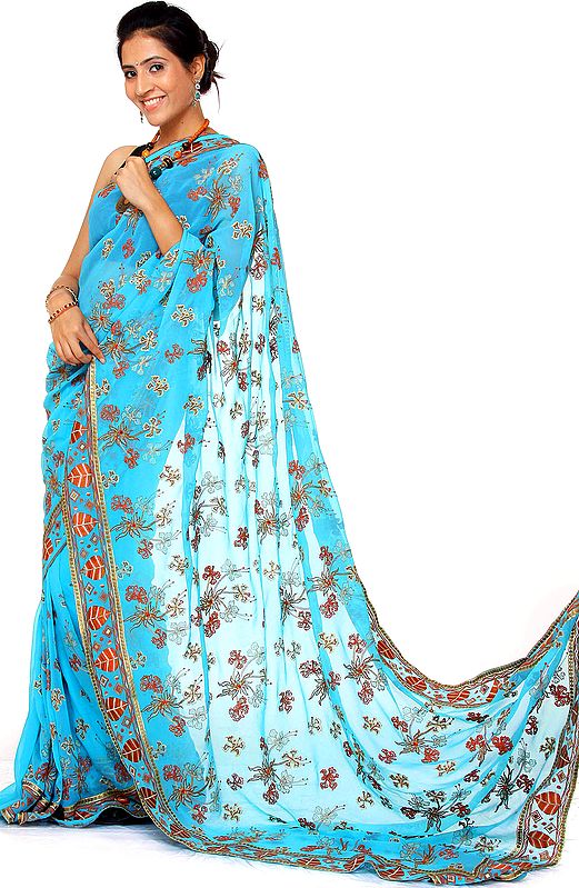 Radiant-Blue Sari with Aari Embroidered Flowers and Leaves