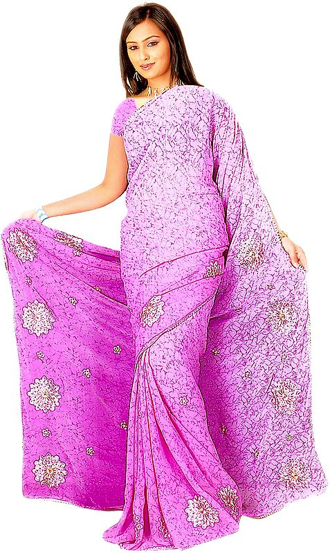 Radiant-Orchid Printed Sari with Thread Embroidery in Pink