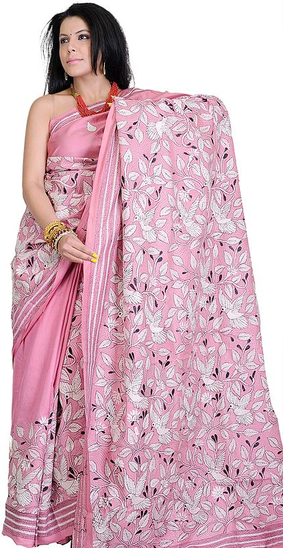 Rapture-Rose Bengali Sari with Kantha Embroidered Birds in Flight