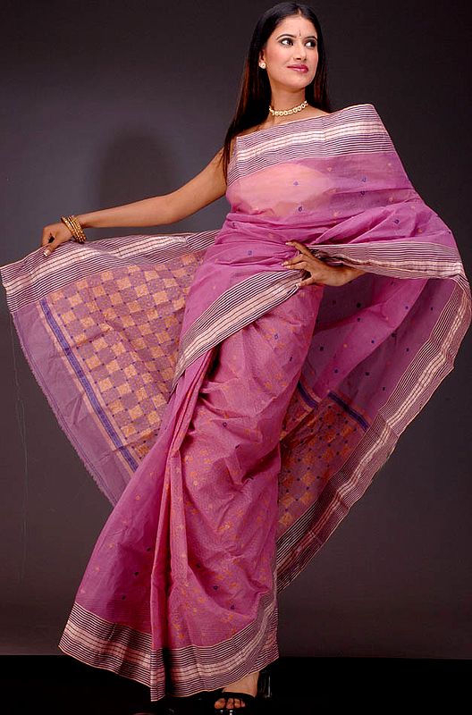 Raspberry Kantha Sari with Orange Thread Work