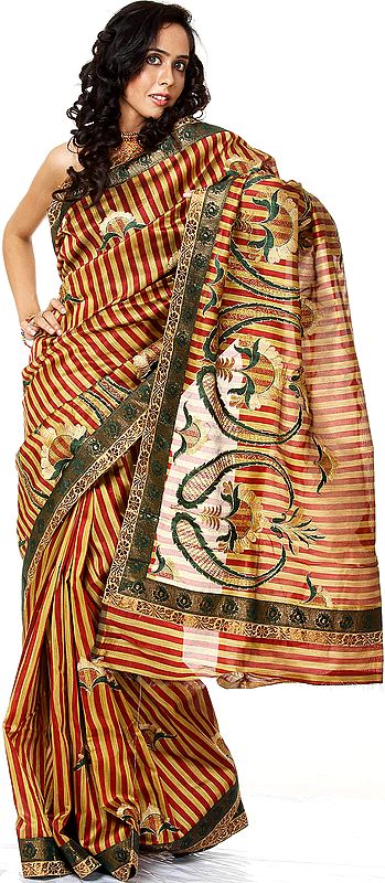 Red and Beige Banarasi Striped Sari with Aari Embroidery and Patch Border