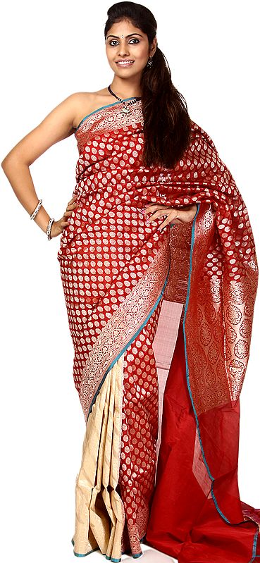 Red and Beige Handloom Sari from Banaras with All-over Woven Golden Bootis