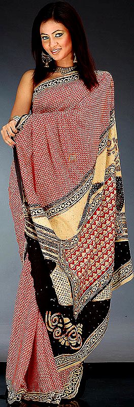 Red and Beige Printed Sari with Beads and Threadwork