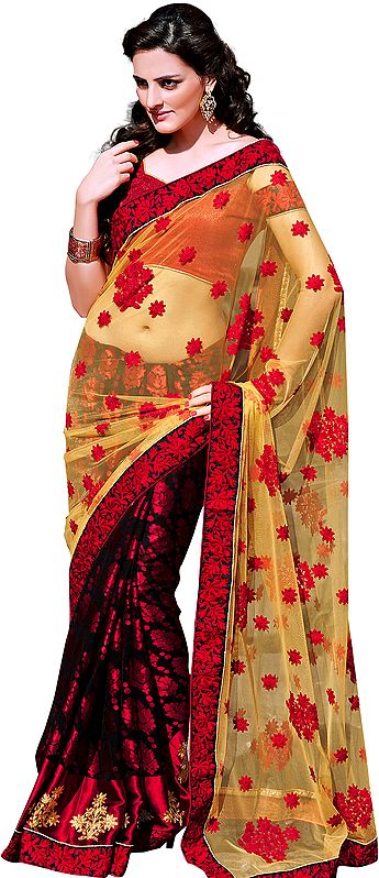 Red and Beige Wedding Sari with Embroidered Flowers All-Over