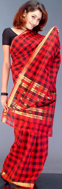 Red and Black Check Sari with Golden Border
