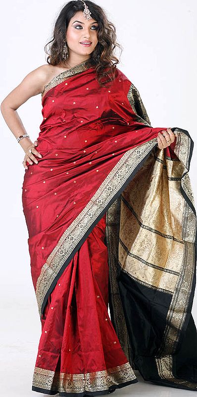 Red and Black Coimbatore Silk Sari with Golden Thread Weave on Border