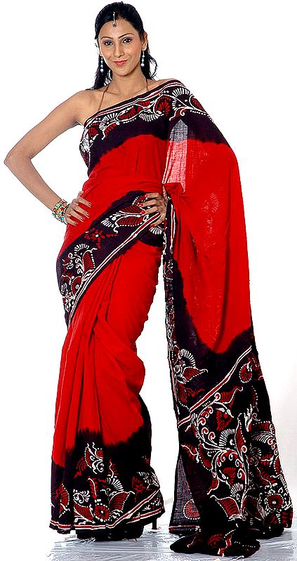 Red and Black Sari with Batik Pallu and Border