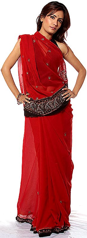 Red and Black Sari with Copper Sequins and Gota Border