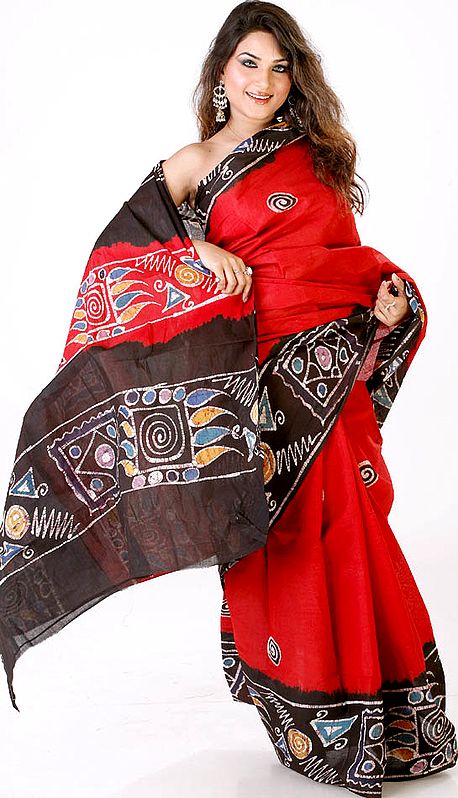 Red and Black Sari with Designer Batik Pallu and Border